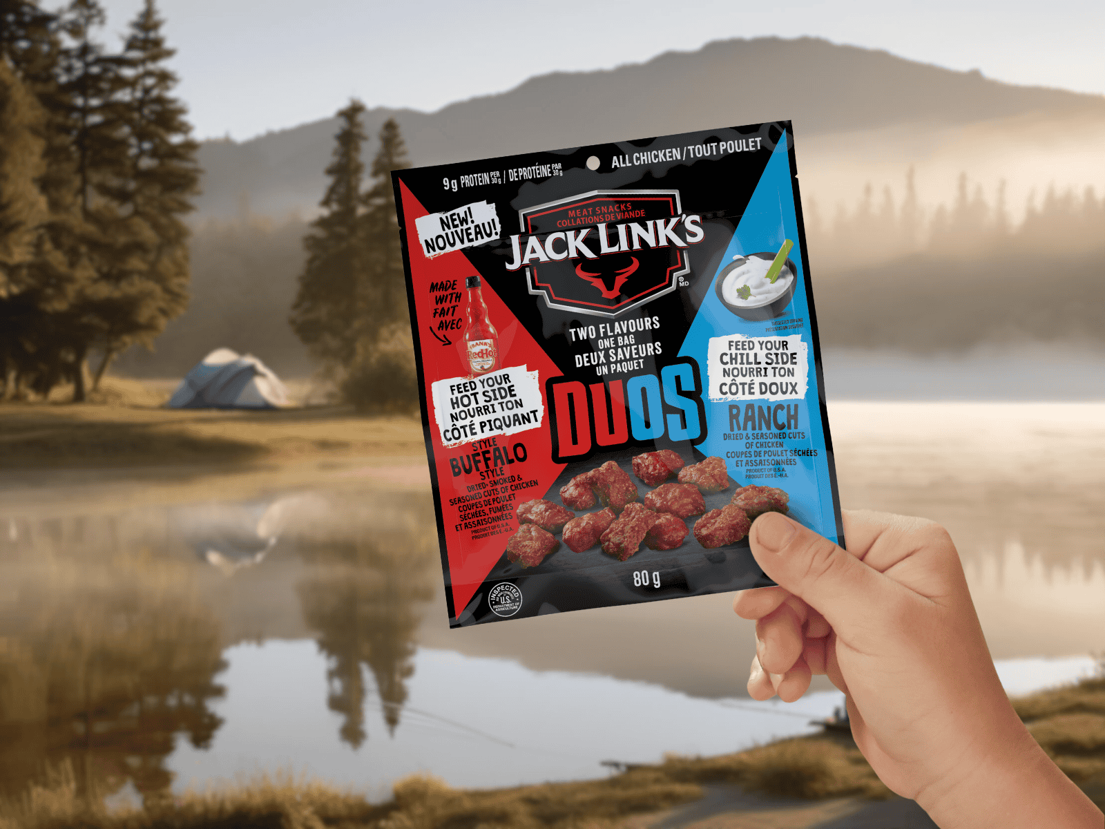Jack Link's Duos Buffalo Style and Ranch Chicken Tender Bites in front of a Canadian camping scene.