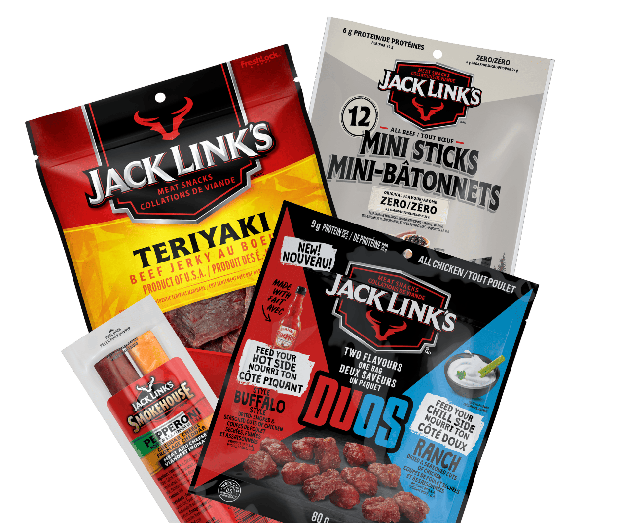 Jack Link's Teriyaki Beef Jerky, Mini Sticks, Cheese and Pepperoni Combo and Duos Buffalo Style and Ranch